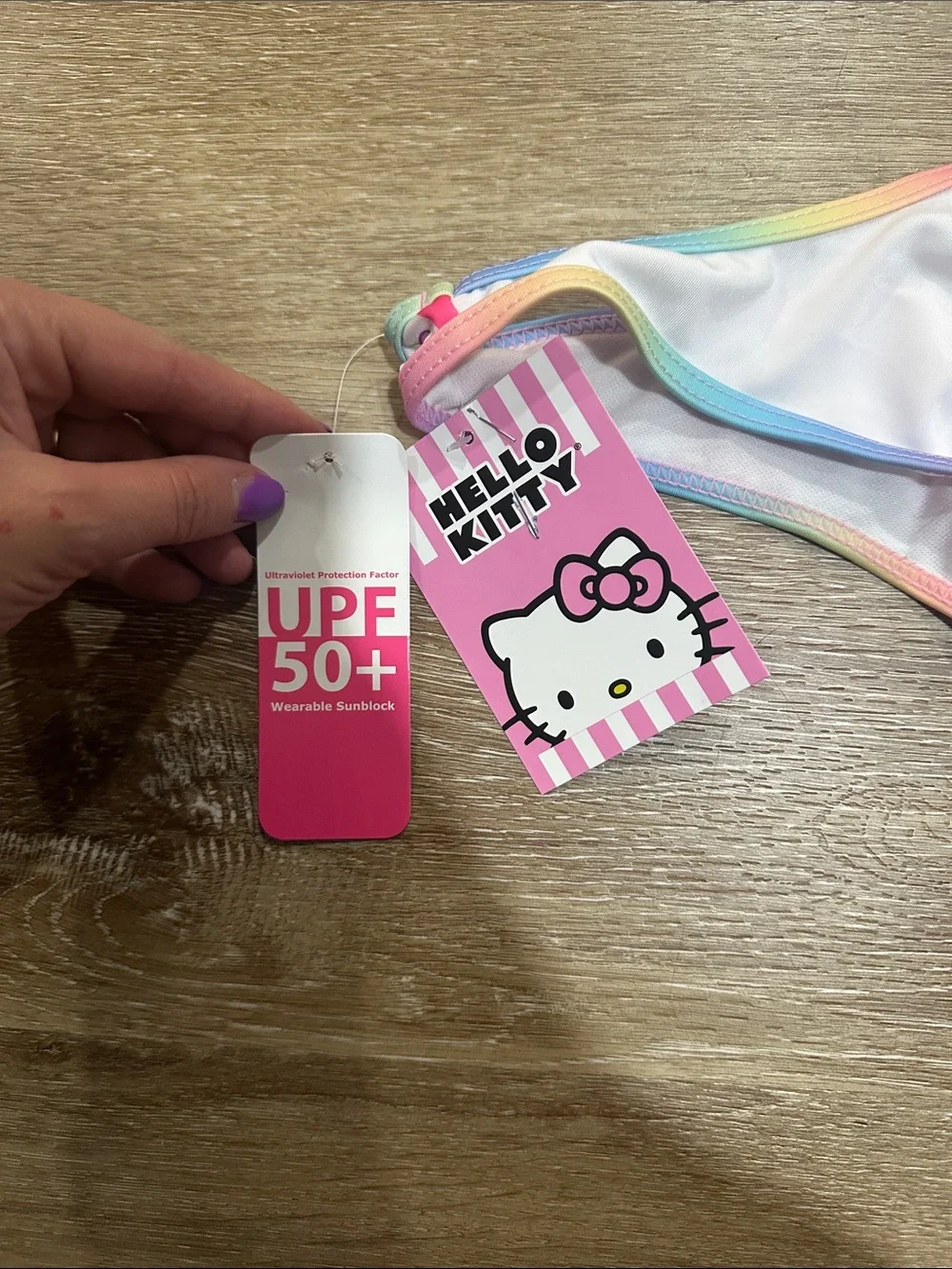 Hello Kitty White One-Piece Swim Suit with Rainbow Check - cutout